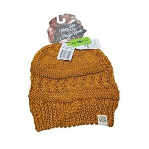 NWT David & Young Repreve Messy Bun & Ponytail Beanie Mustard Yellow Knitted‎